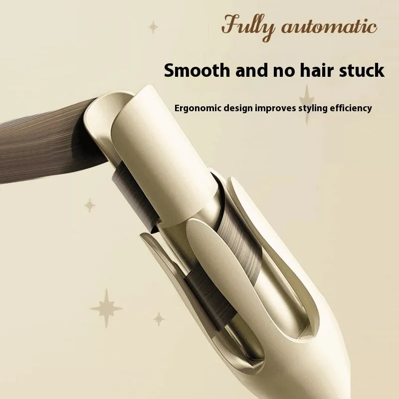 White and pink automatic hair curler with 32mm ceramic barrel and international power plugs on a table.