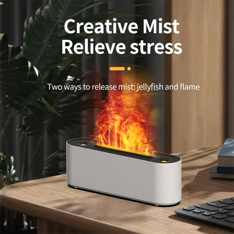 Flame air humidifier aroma diffuser with seven colour LED lights and water mist output
