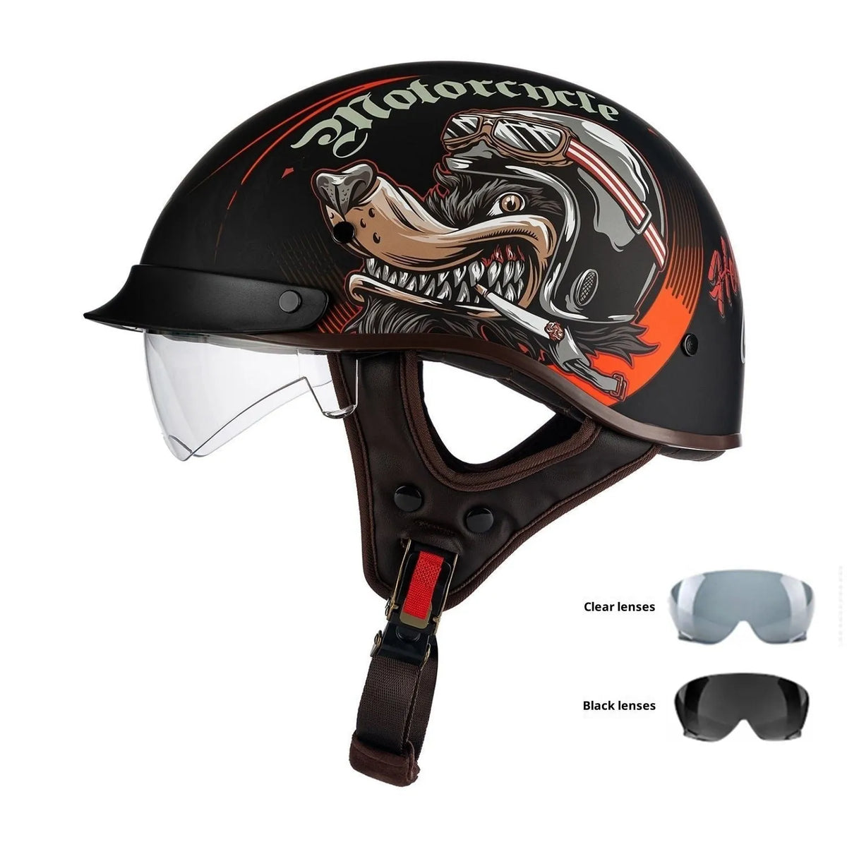 Retro half face motorcycle helmet in Bright Black Whirlwind Dog colour with UV visor