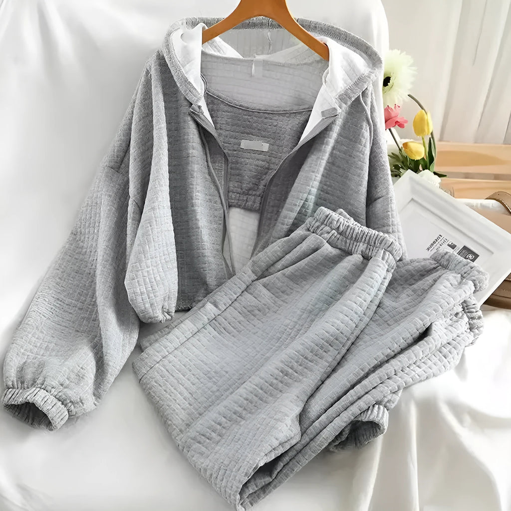 Waffle fabric hooded cardigan zipper sports three-piece suit in black with vest and trousers