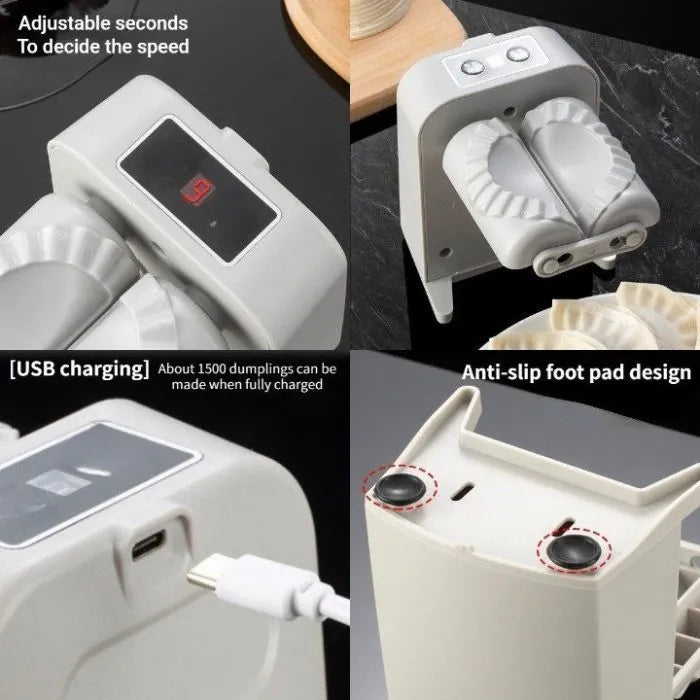White automatic electric dumpling maker machine with USB charging cable on a kitchen counter