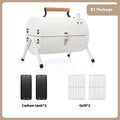 White round portable folding charcoal grill with two carbon tanks and grill nets