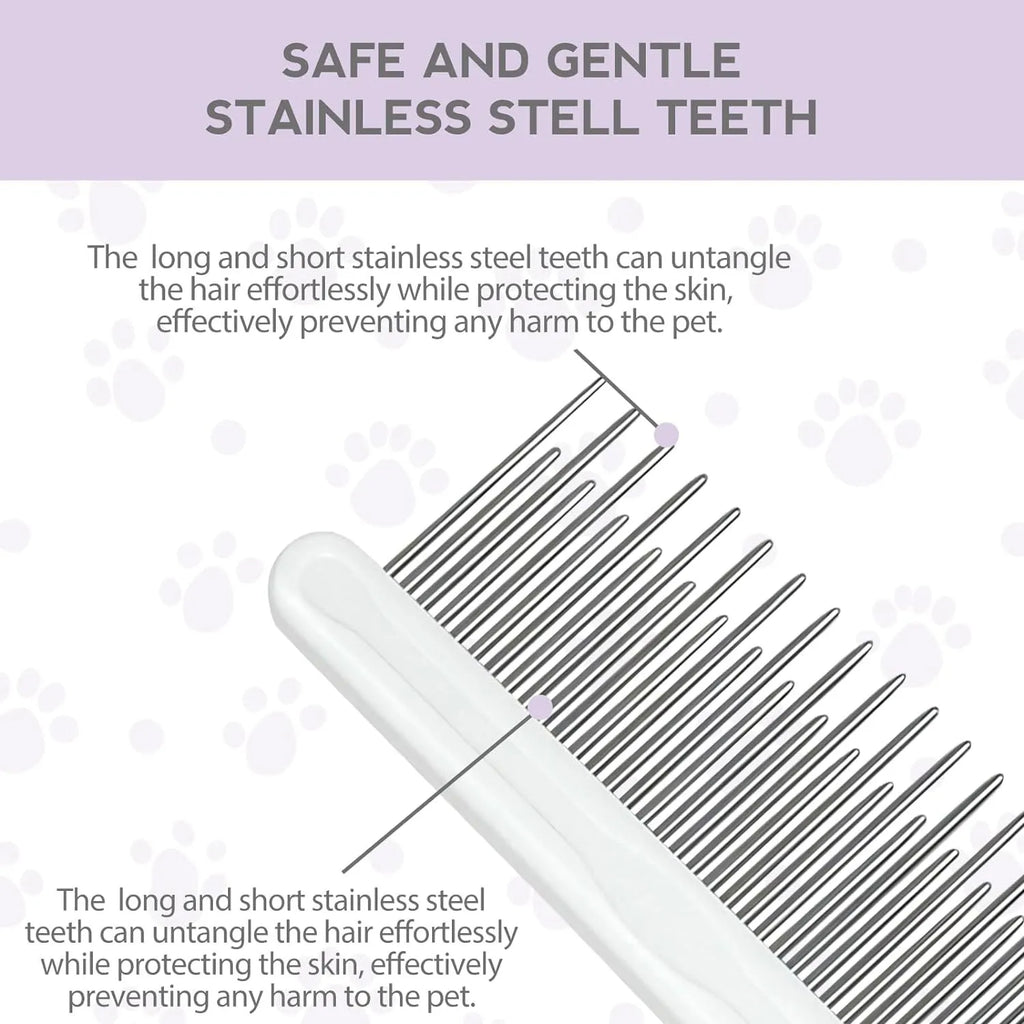 Purple pet detangling comb with stainless steel long and short teeth for dogs and cats