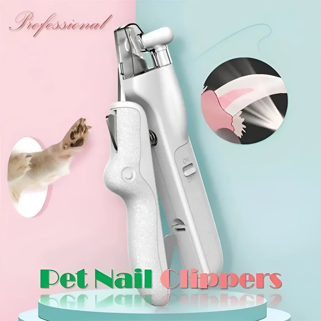 Pet nail clipper with LED light, stainless steel blades, nail file, nail collector and non-slip handle in white, pink, green or yellow