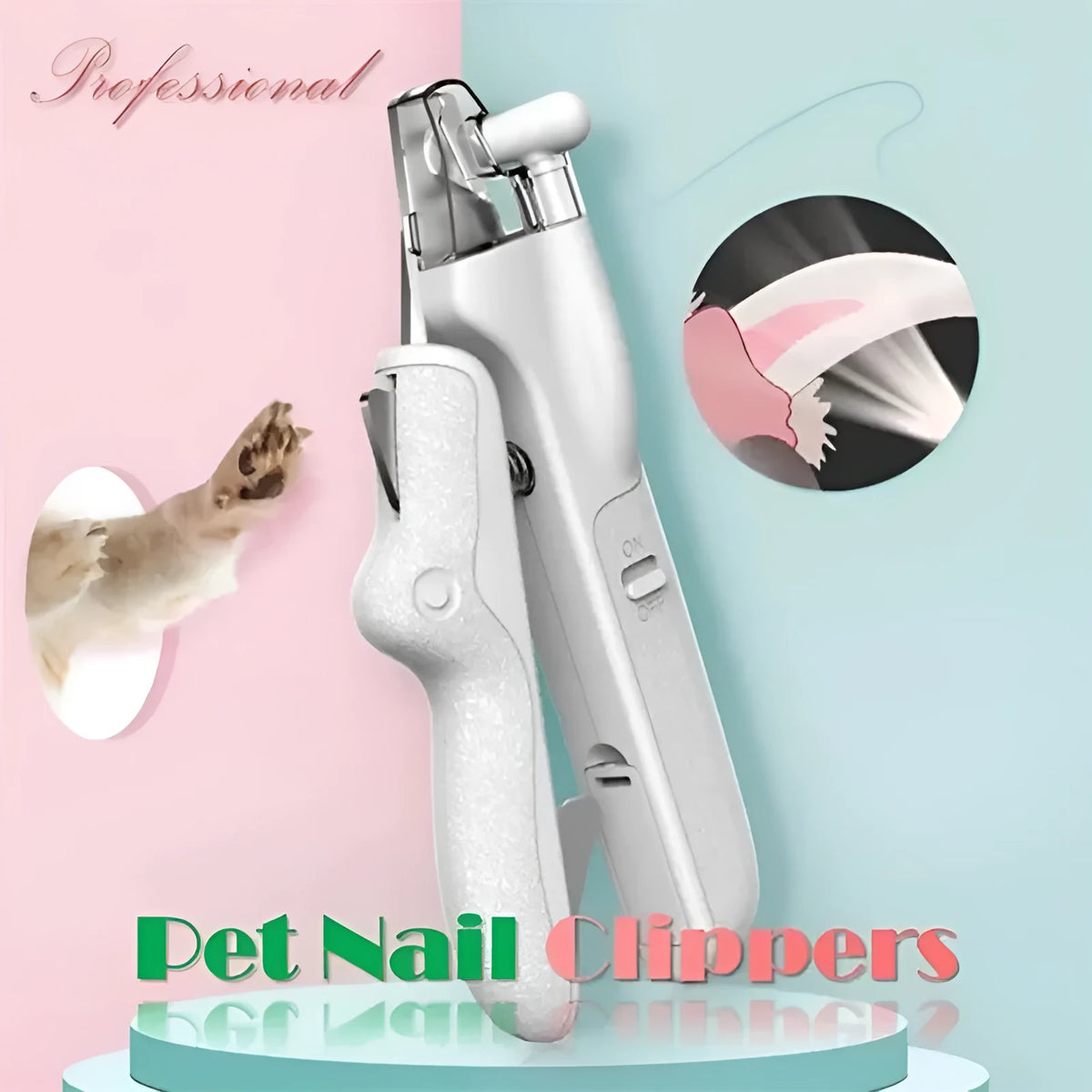 Pet nail clipper with LED light, stainless steel blades, nail file, nail collector and non-slip handle in white, pink, green or yellow