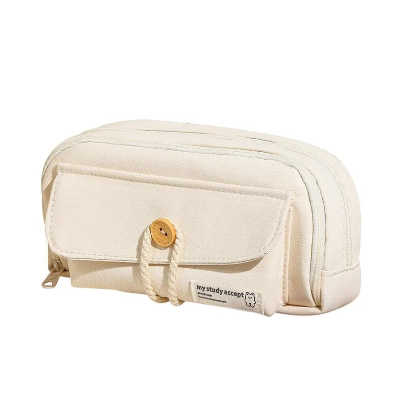 Green Korean style canvas pencil case open showing pen storage capacity