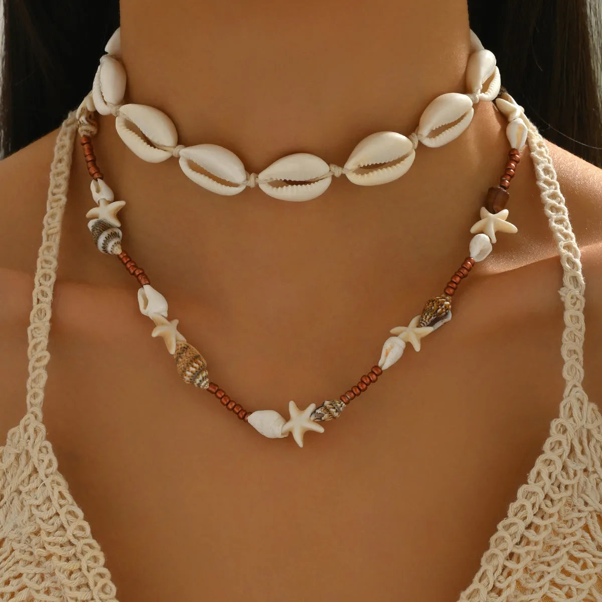 Bohemian shell necklace with geometric pendant for women in colour X1900 on regular chain