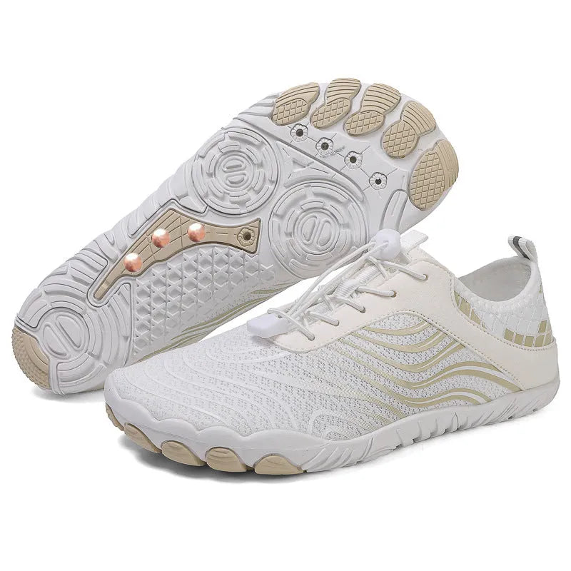 Anti-static conductive upstream grounding shoes in 906 White with mesh upper and rubber sole, low-top lace-up style