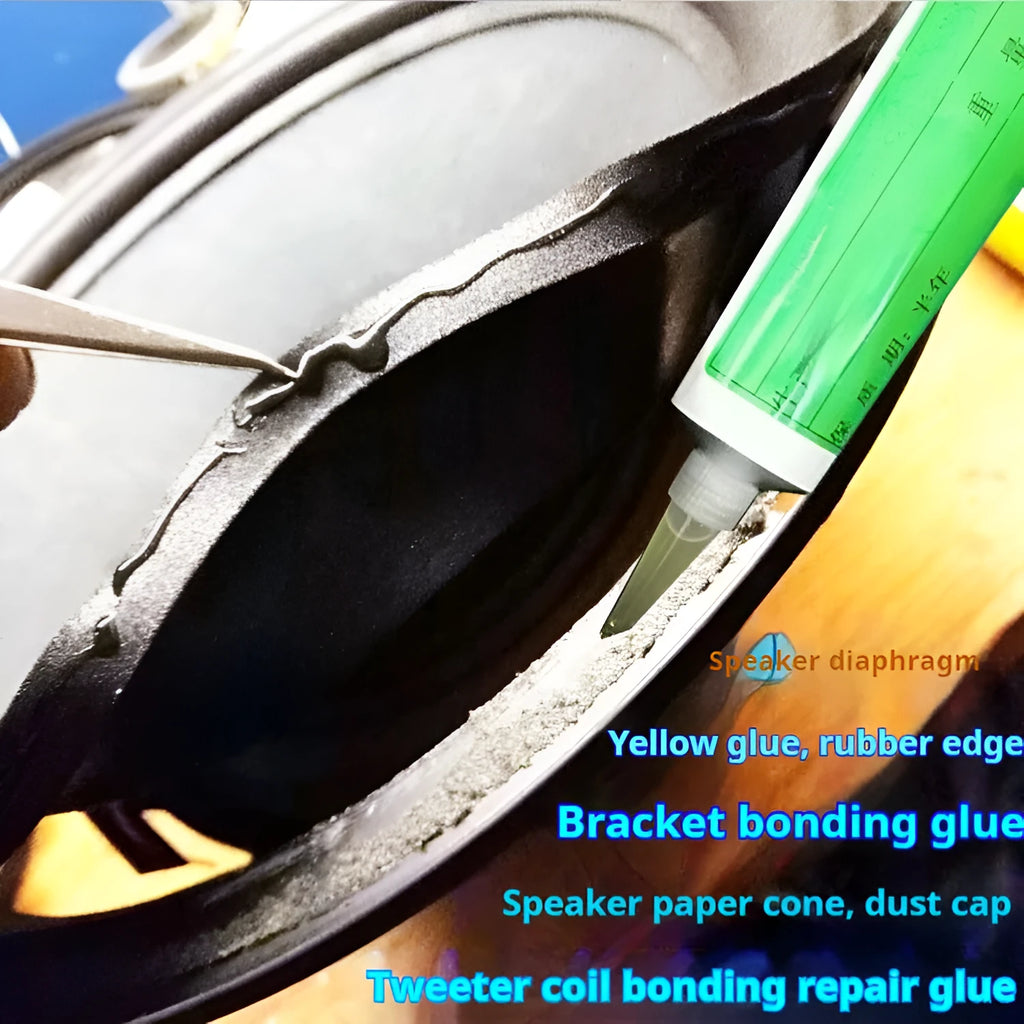 Green liquid speaker horn repair glue in a 70ml container for cold curing application