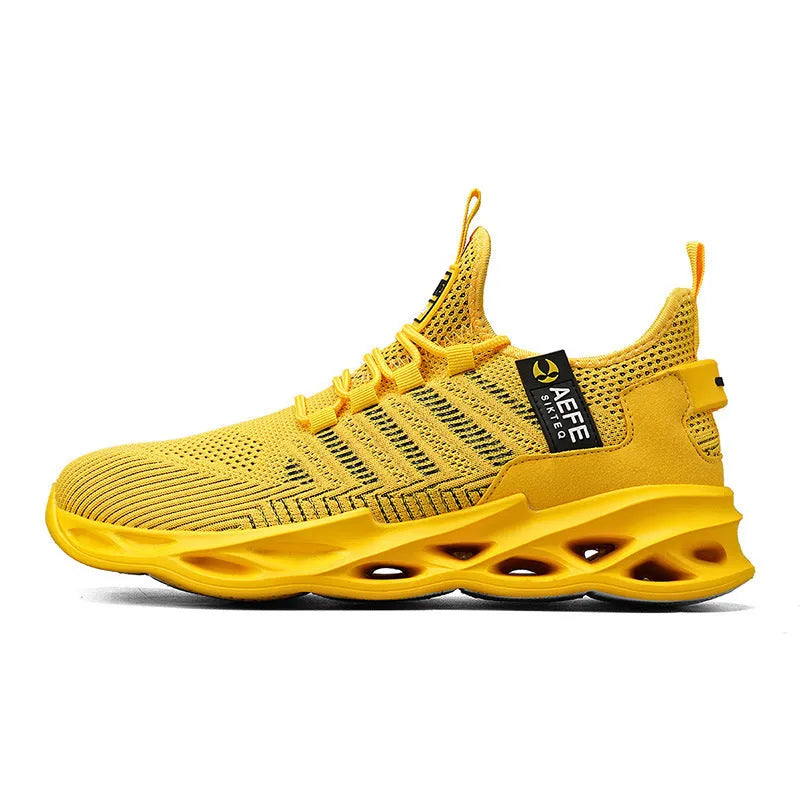 Men's casual running shoes with mesh upper in black colour showing cross strap details and low-top design