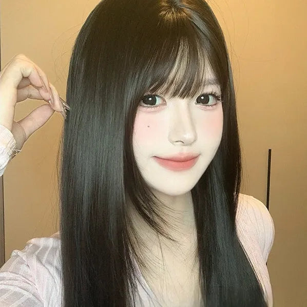 Dark brown long straight wig with full bangs for women with round face shapes