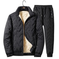 Men's black thickened fleece polyester zippered jacket and tapered pants set with turn-down collar and zippered pockets