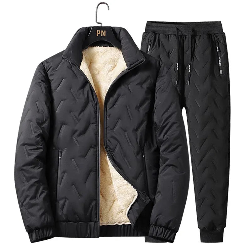 Men's black thickened fleece polyester zippered jacket and tapered pants set with turn-down collar and zippered pockets