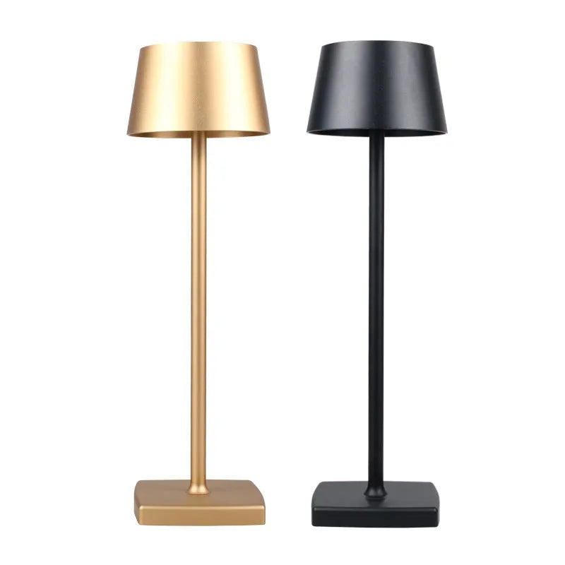 Charging touch bedside lamp with metal aluminium alloy shade and USB rechargeable battery in black finish