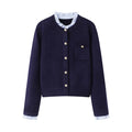 Women's pleated lace collar sweater coat in Navy Blue or Gray, acrylic long sleeve regular sleeve knit cardigan, sizes S M L