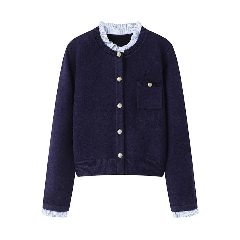 Women's pleated lace collar sweater coat in Navy Blue or Gray, acrylic long sleeve regular sleeve knit cardigan, sizes S M L