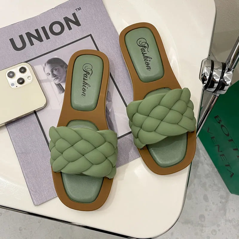 Women's plaid PVC beach sandals with a thick non-slip sole in green, shown from the side.