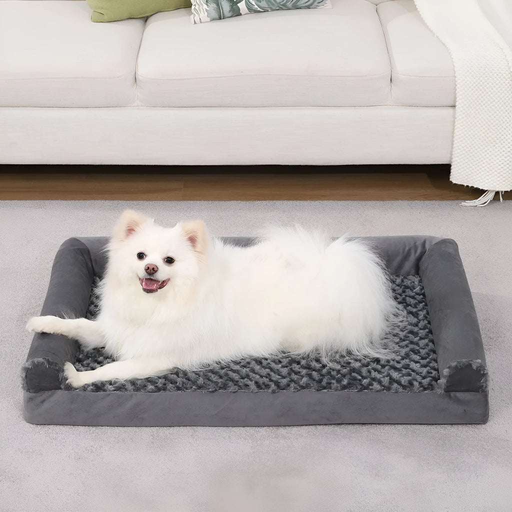Grey U-shaped removable cover velvet dog sofa kennel bed showing sponge interior