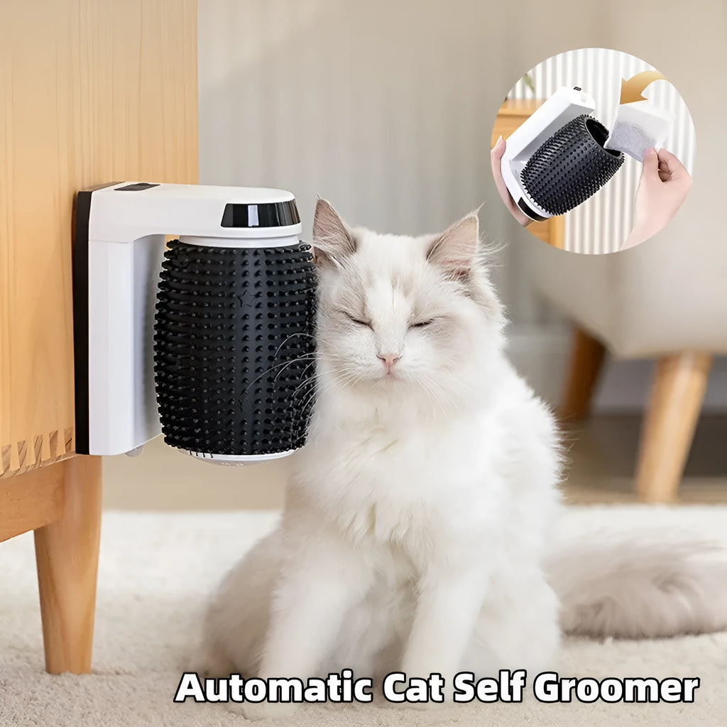 White automatic cat self-groomer with silicone bristles mounted in a corner.