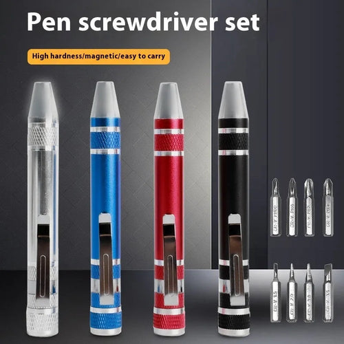 Aluminium alloy pen-type 8-in-1 screwdriver set in assorted colours with chrome vanadium steel shaft.
