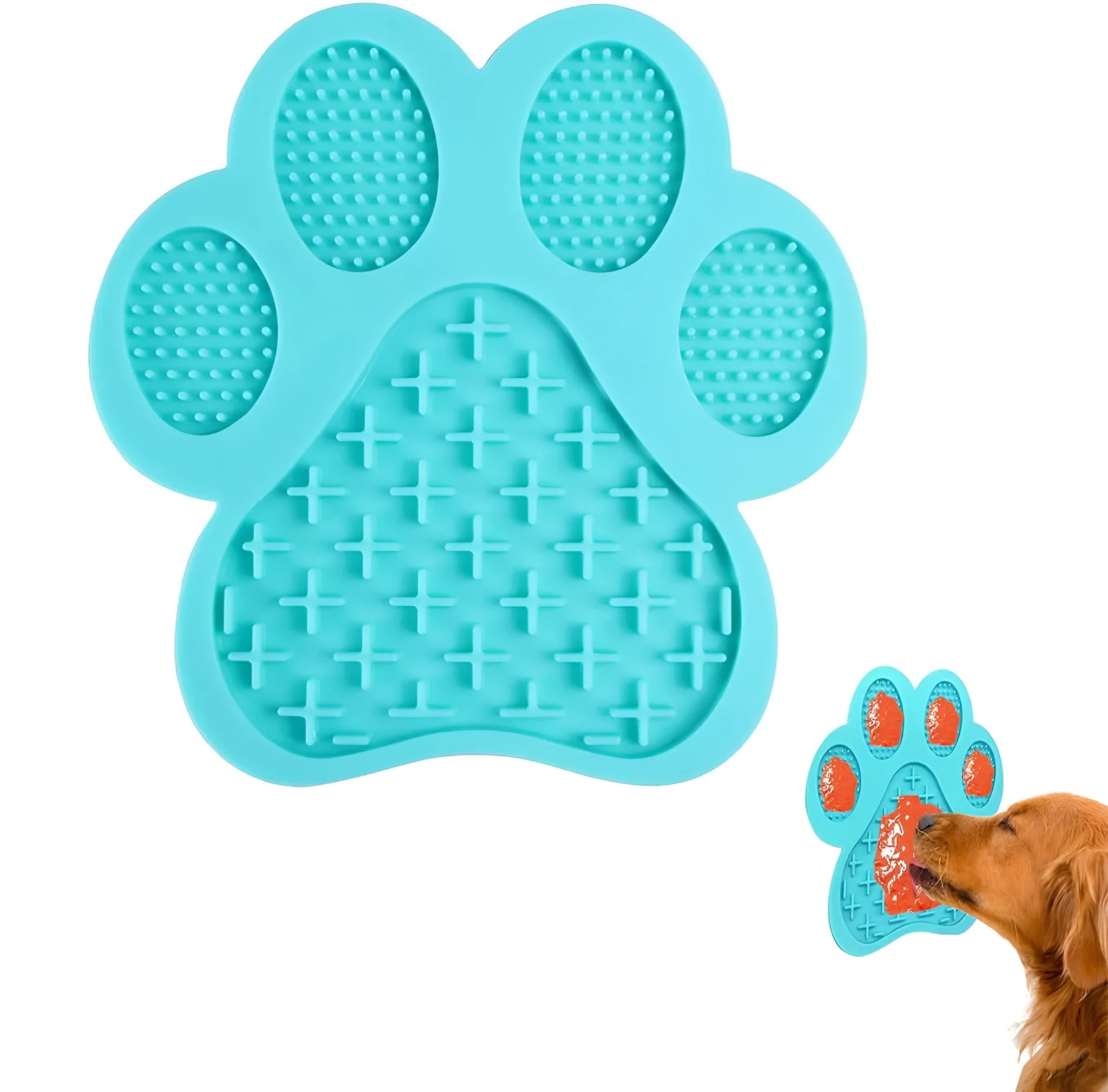 Blue silicone dog licking mat with bone texture and suction cups on the back