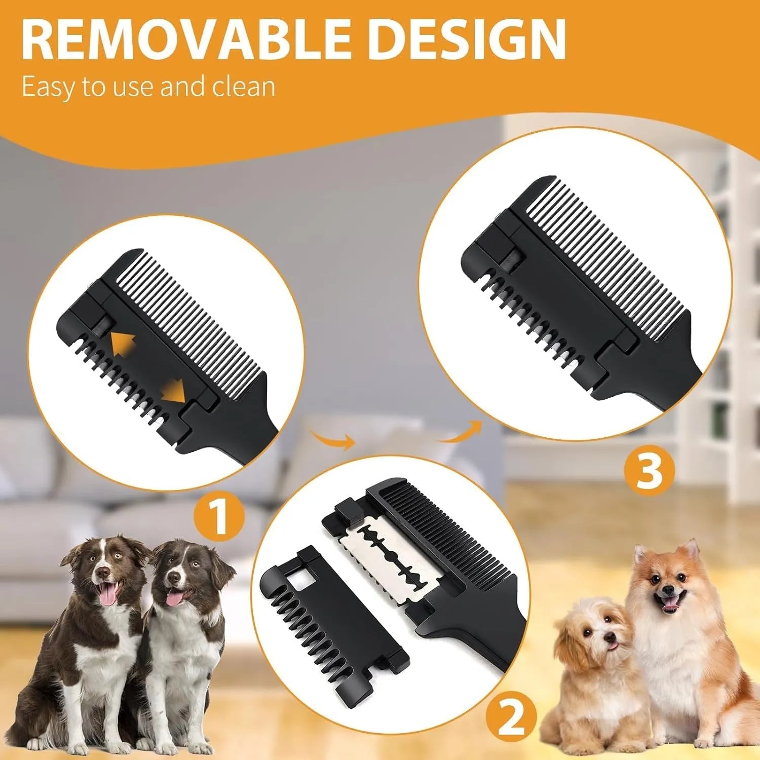 Pet razor comb grooming tool with comb teeth and integrated razor blade for dogs and cats
