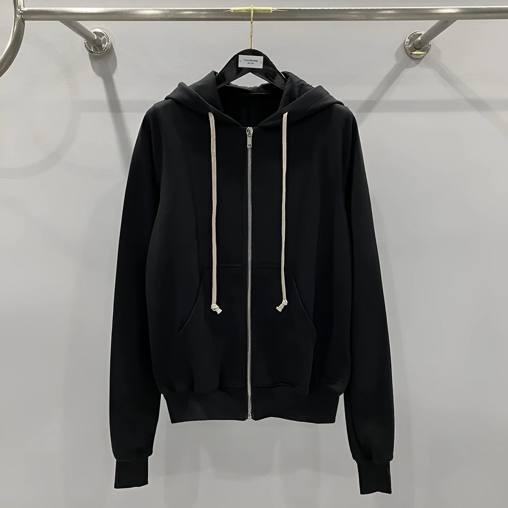 Men's black zip-up hooded cotton sweatshirt, loose fit, long sleeve, sizes S to XL