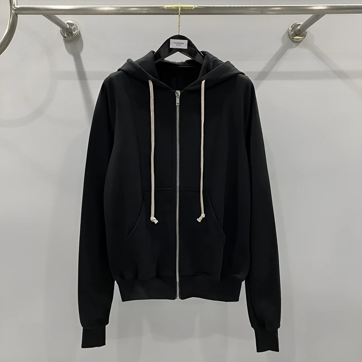 Men's black zip-up hooded cotton sweatshirt, loose fit, long sleeve, sizes S to XL