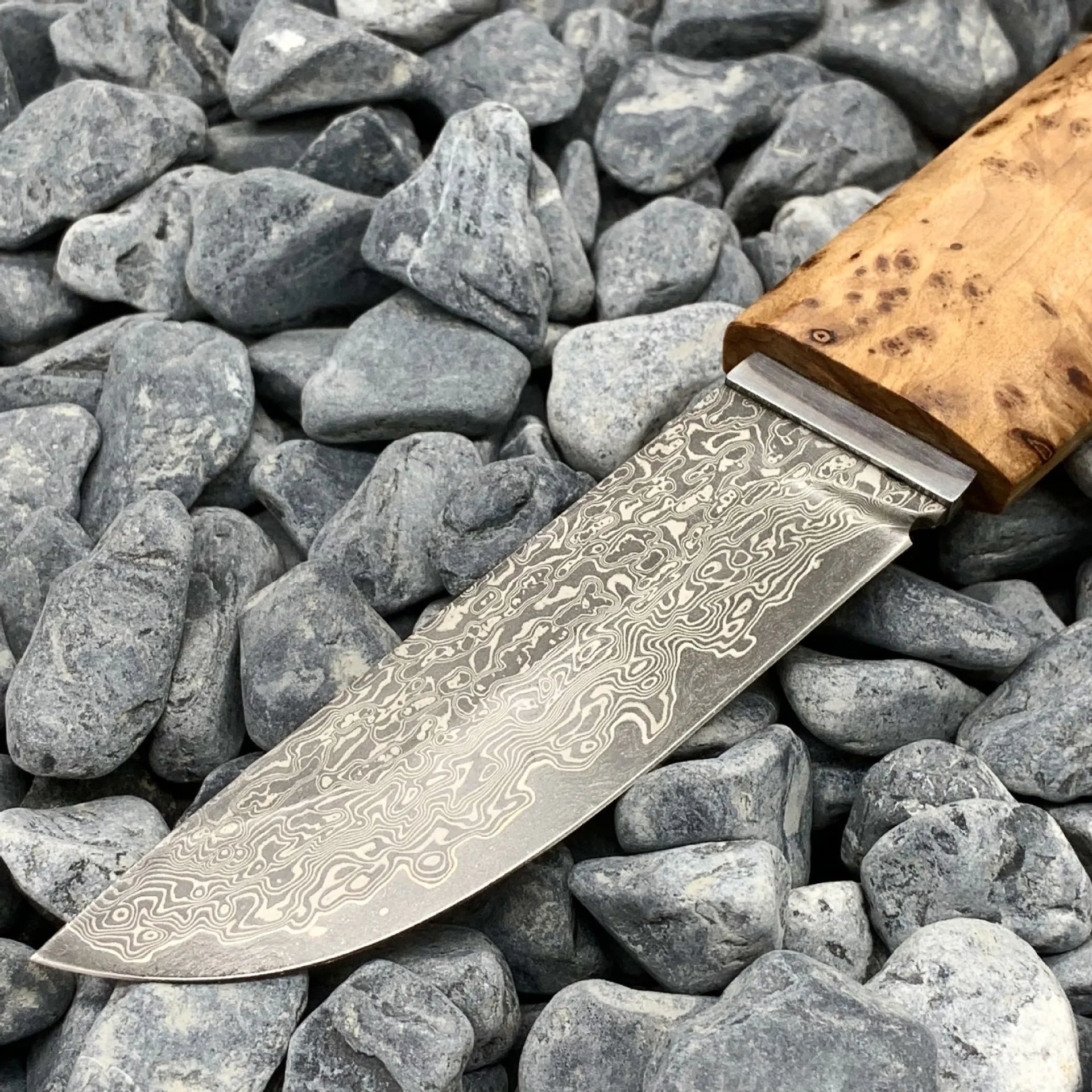 White Shadow Damascus steel camping short knife with Thuja wood handle, 18cm long.