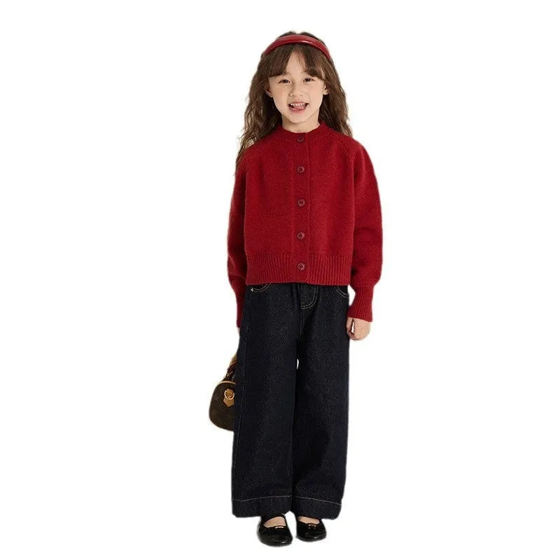 Girl's Korean-style red knitted cardigan with long sleeves, single-breasted front, cashmere blend fabric, suitable for 90-160cm height