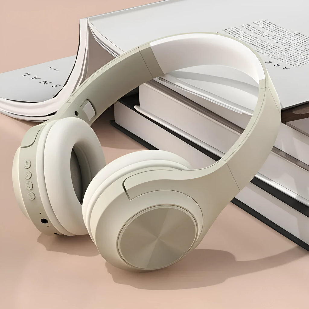 Creative design wireless Bluetooth headset shown in Ivory White, Chalk Black, and Youth Green colour options.