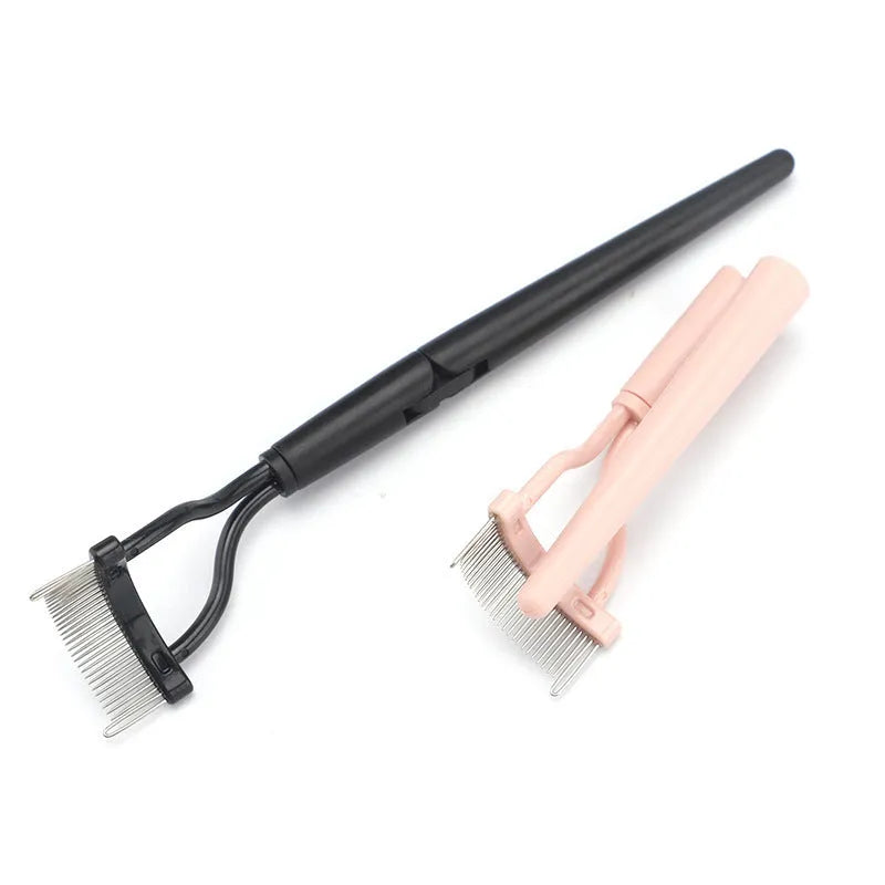 Portable semi-arc stainless steel needle eyelash brush with short handle in black, used for separating lashes