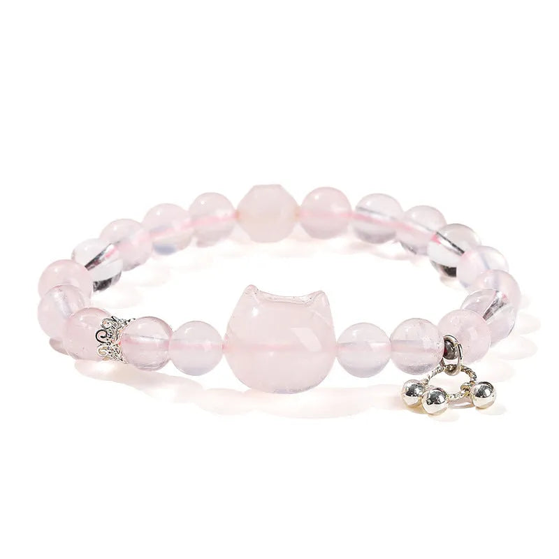 Natural star light pink crystal cat head bracelet with copper setting on adjustable band
