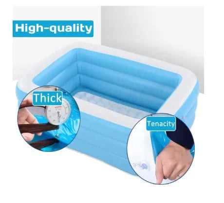 Rectangular inflatable kiddie pool, blue and white PVC, 150cm x 110cm x 50cm, with green base for outdoor summer play
