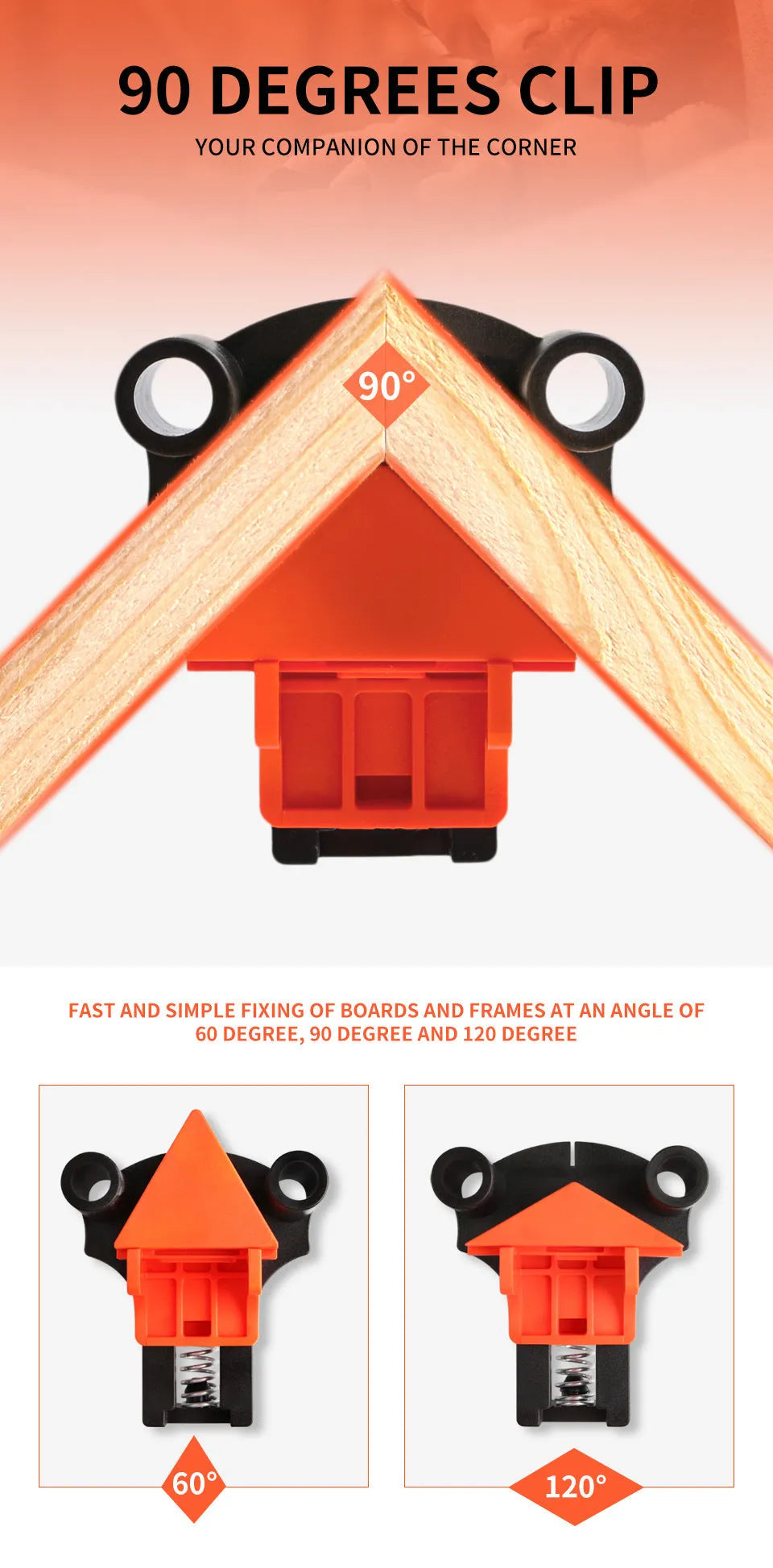 Four plastic 90-degree right angle wood clamps for frame and box assembly.