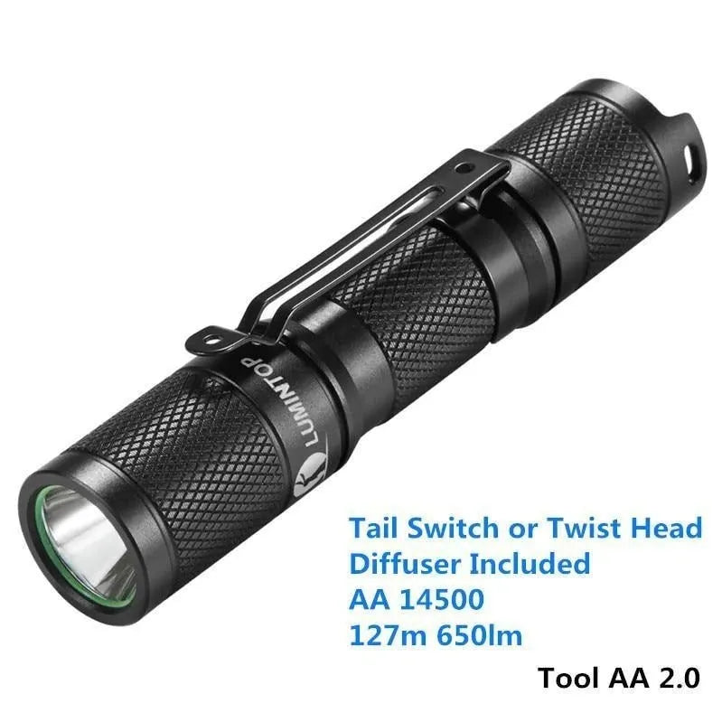 Black Lumintop Tool AA 2.0 compact keychain flashlight with magnetic tail cap on a keyring.