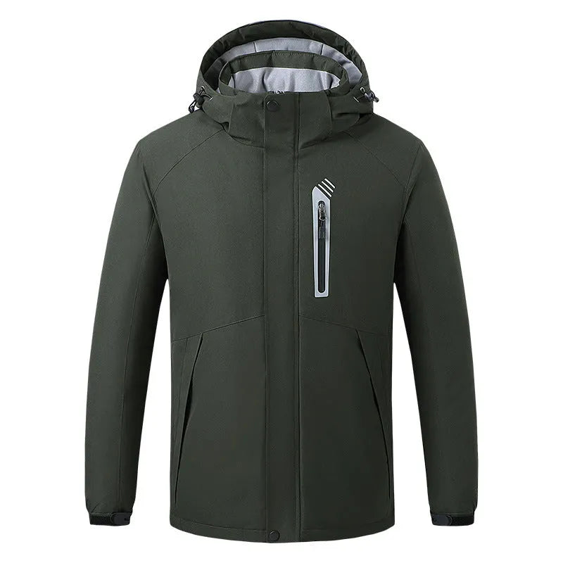 Smart thermostat heated jacket in Army Green, nylon spandex shell, polyester lining, sizes M to 5XL