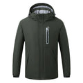 Smart thermostat heated jacket in Army Green, nylon spandex shell, polyester lining, sizes M to 5XL