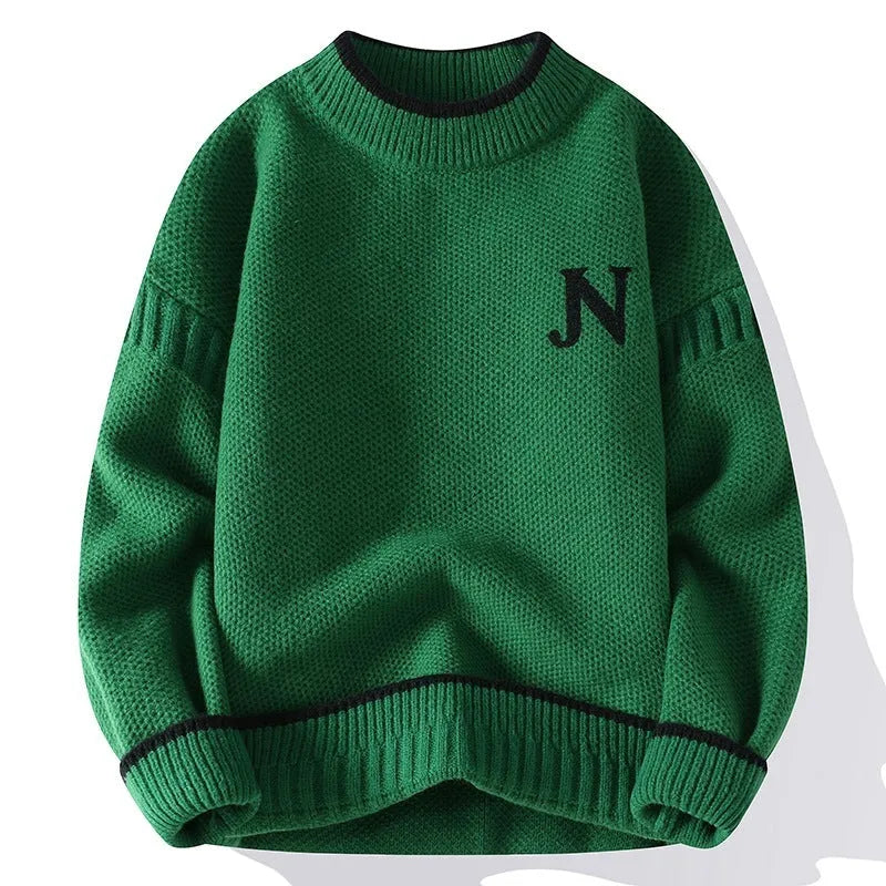 Men's thickened round neck cotton blend knit sweater in grey, loose fit pullover winter style