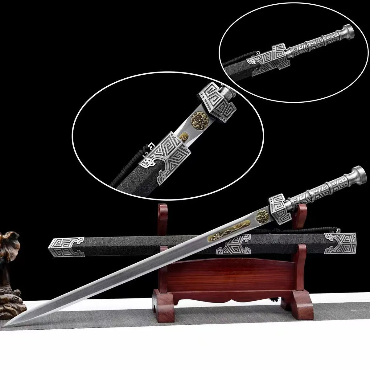 Manganese steel Han style sword with 73cm blade, 102cm or 105cm overall length, unsharpened for display