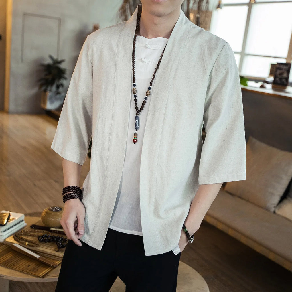 Men's Chinese style cotton linen cardigan shirt with seven-point sleeves, stand collar, and lace-up front in black or hemp colour.