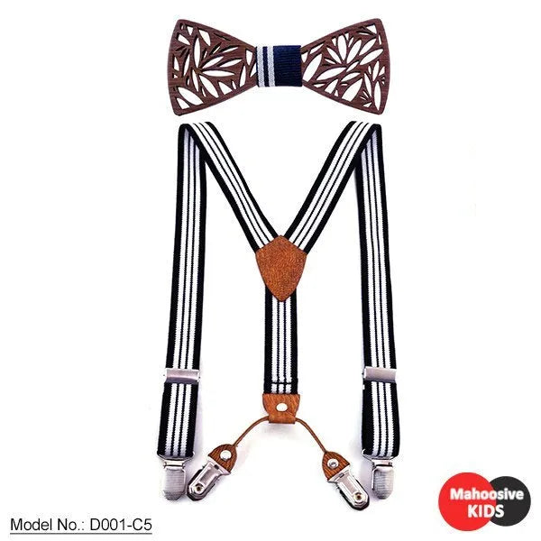 Children's wooden bow tie set with striped suspenders and belt on a boy for wedding