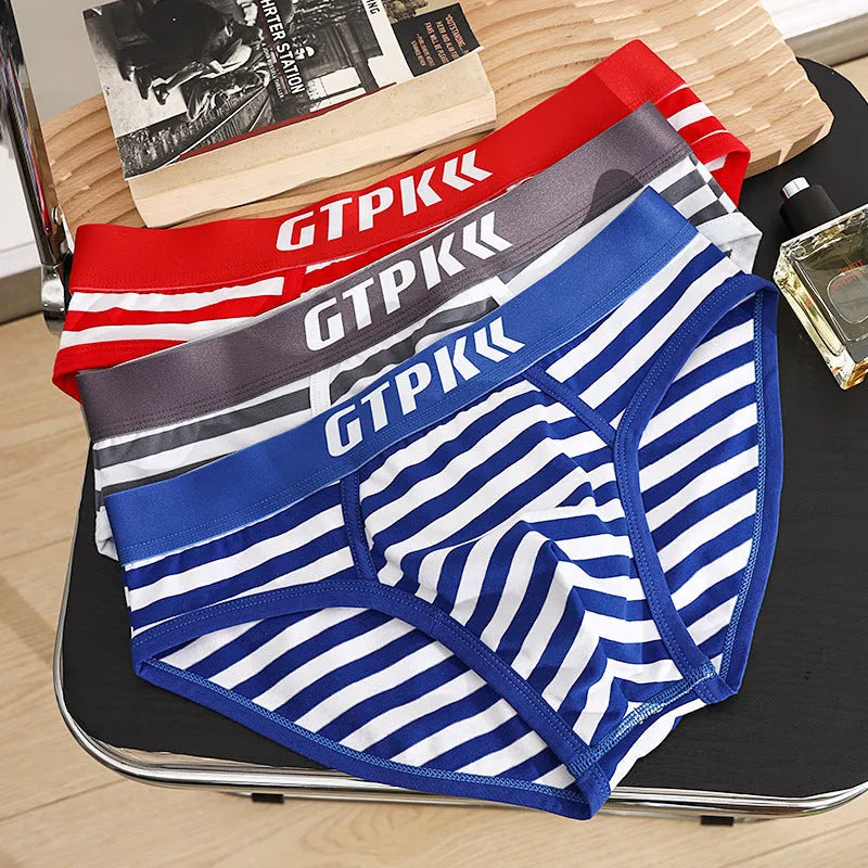 Men's plus size cotton striped triangle boxer shorts in navy blue, mid-waist breathable design