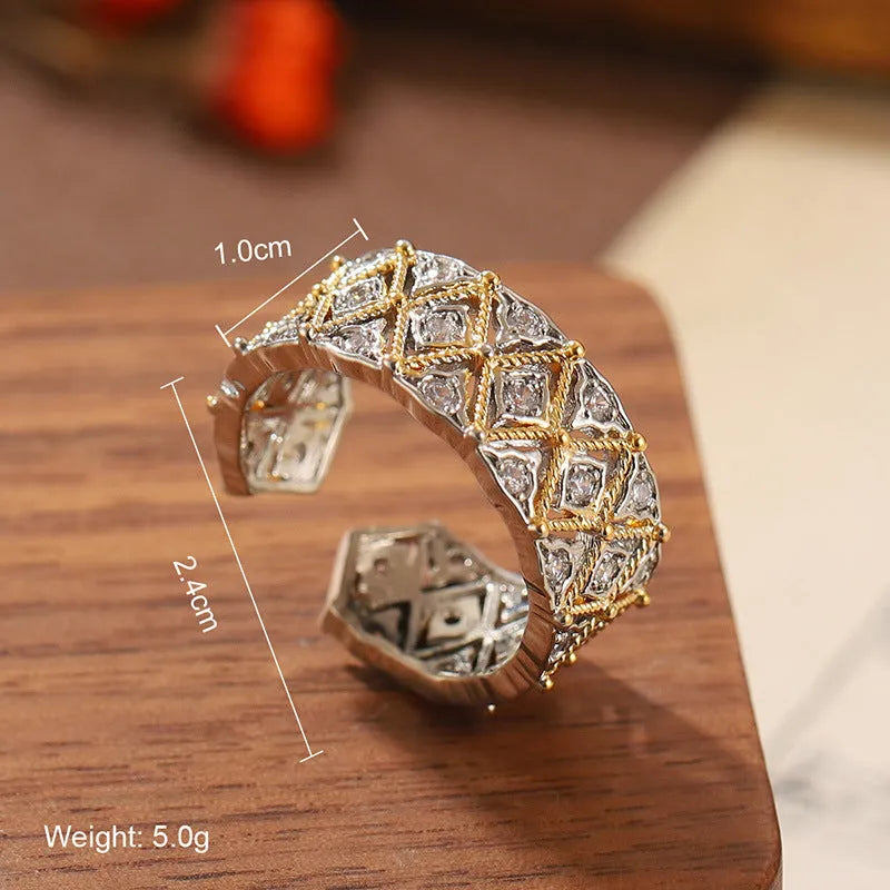 Natural stone geometric ring with quadrilateral motif on electroplated alloy base in retro style