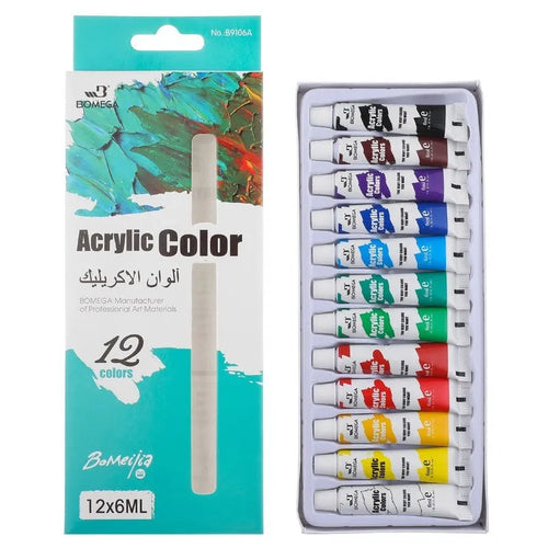 Assortment of 12-colour artist paint tubes for acrylic, gouache, watercolour and oil painting techniques.