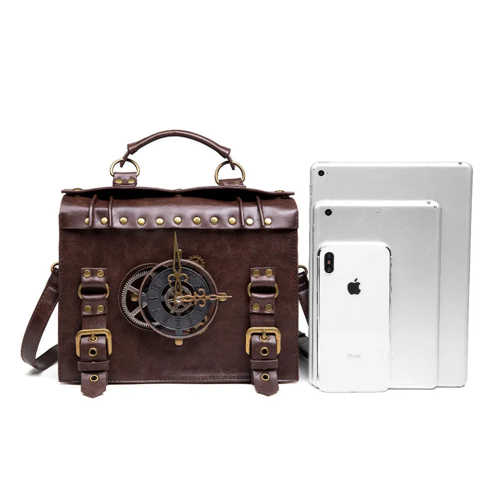 Bronze steampunk industrial retro shoulder bag with metal hardware in horizontal square pillow design