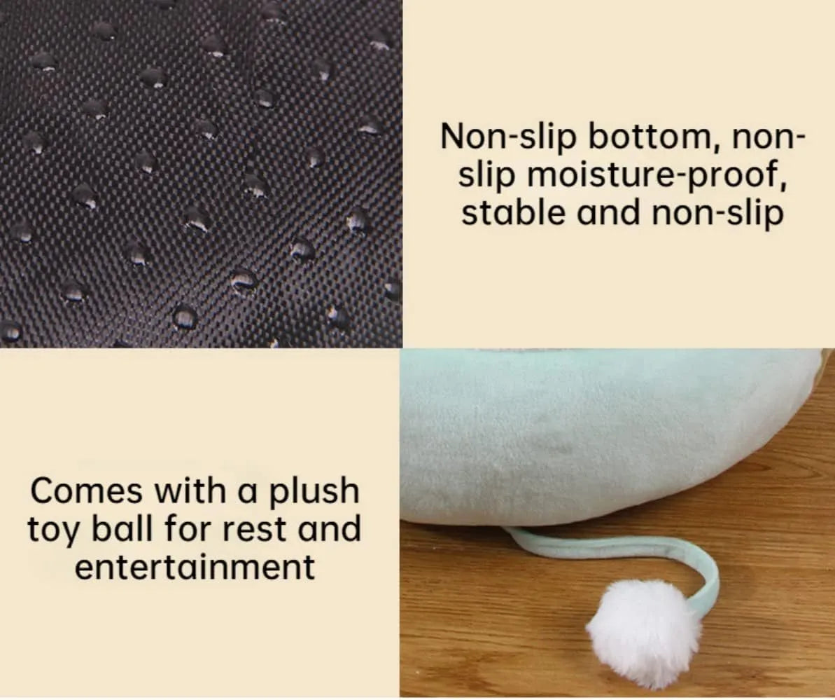 Green chick-shaped cat bed shown both flat and hanging as a hammock for a small cat