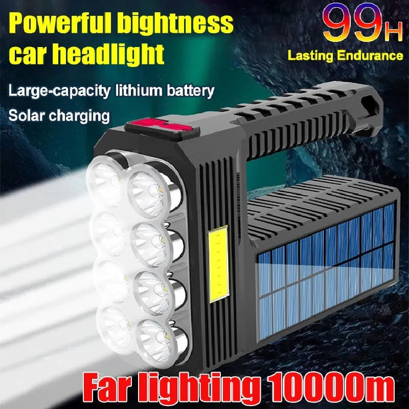 Solar rechargeable USB LED flashlight aluminium alloy 8 heads side light COB life-grade waterproof