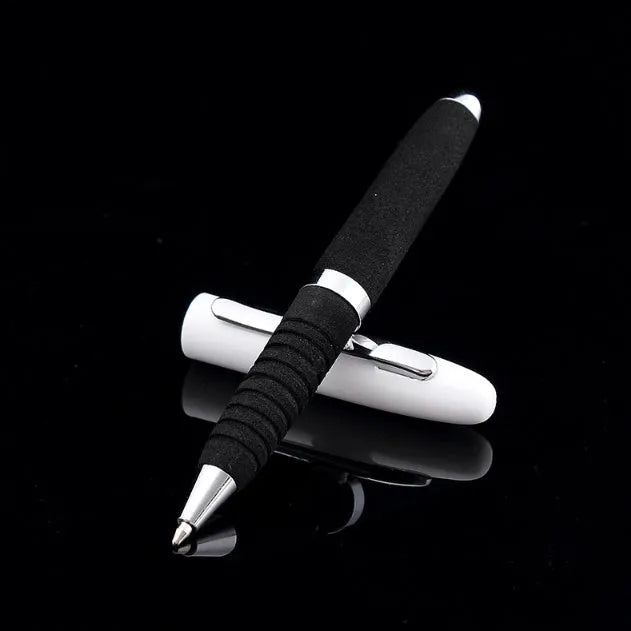 Compact silver metal ballpoint pen with black EVA-textured cap, shown with 1.0mm tip and assorted ink refills.