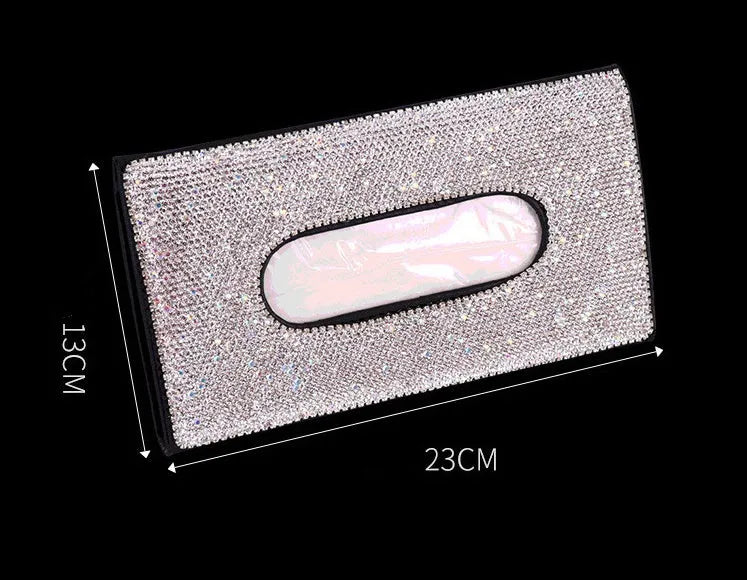 Crystal PU leather hanging sun visor car tissue box with rhinestones in black